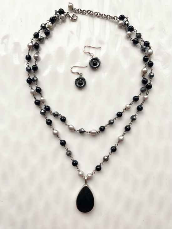 Onyx Pendant l drop double strand Necklaces, Sterling silver and Earrings - Picture 3 of 8